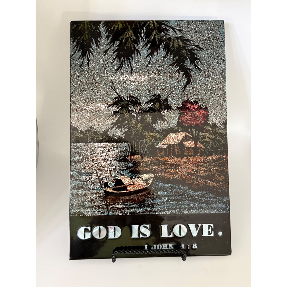 Vtg God Is Love 1 John 4:8 Vietnamese Lacquer Mother of Pearl Inlay Wall Art